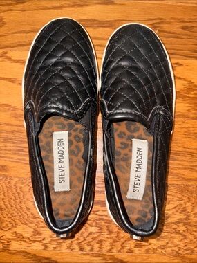 Steve Madden Black Quilted Slip-On Sneakers with Leopard Insole